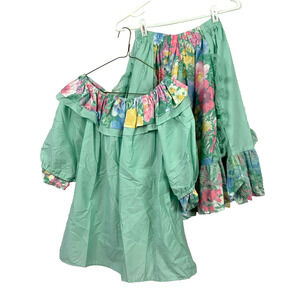 Vintage 80s Pitchfork Brand Green Floral Lace Square Dance Outfit Skirt Medium
